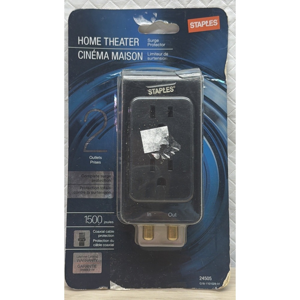 Staples 2 Outlet 1500 Joules Home Theatre Surge Protector Coaxial Cable 24505